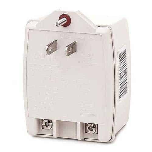 White electrical plug adapter on a white background