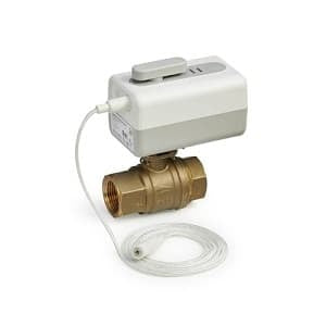 Brass valve with electronic actuator on a white background