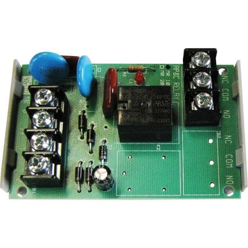 Electronic circuit board with relays and components on a white background