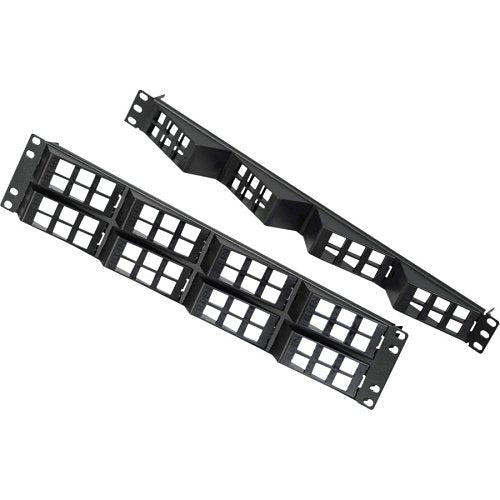 Two black network patch panels on a white background