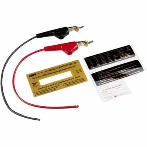 Battery tester with cables and instructions on a white background