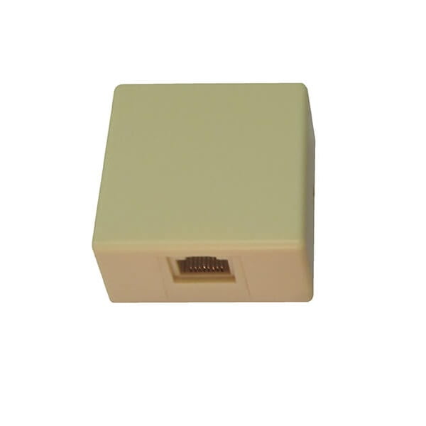Beige Ethernet cable connector on a white background