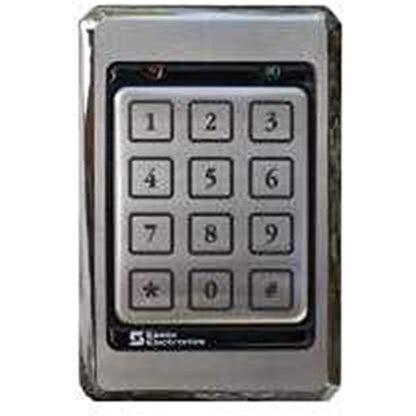 Metallic keypad with numbers and symbols on a white background