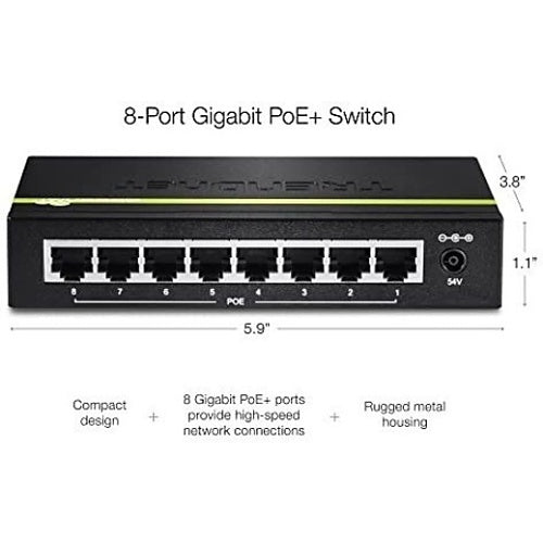 8-port Gigabit PoE+ switch with dimensions and features listed on a white background