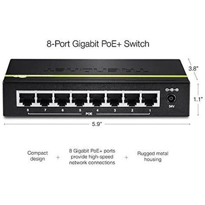 8-port Gigabit PoE+ switch with dimensions and features listed on a white background
