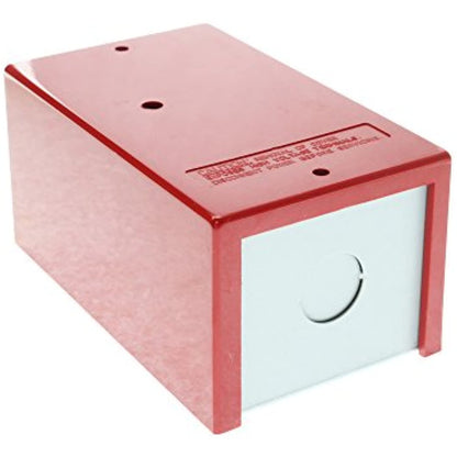Red metal box with a white label on a white background