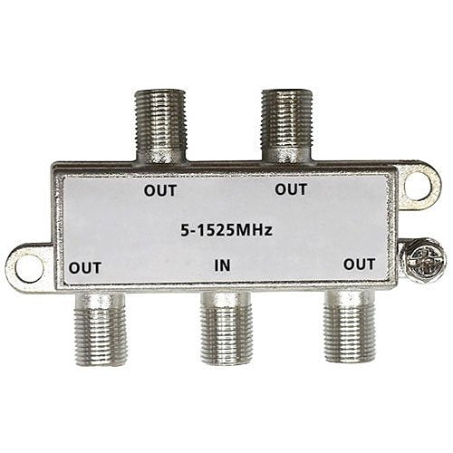 Metallic four-way RF splitter with labeled ports on a white background