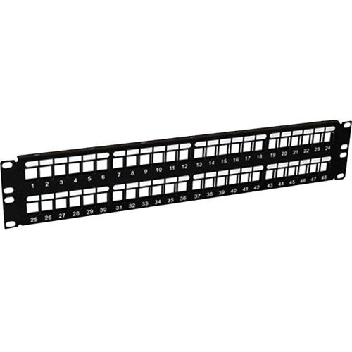 Black patch panel with numbered ports on a white background