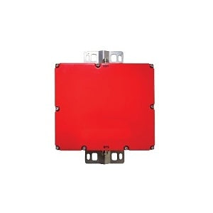 Red rectangular device with metallic components on a white background