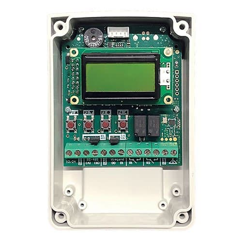 Electronic circuit board with a green display on a white background