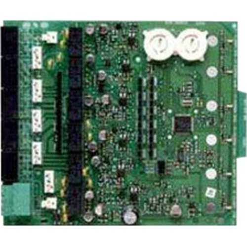 Close-up of a green circuit board with various components on a white background