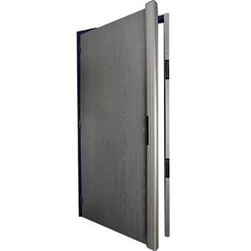 Metallic door with a reflective surface on a white background