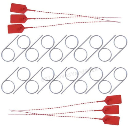 series of pull pins and tamper seals on white background