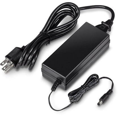 Black power adapter with multiple cables on a white background