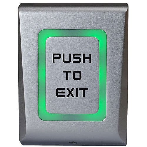 Push to exit button with green border on a white background