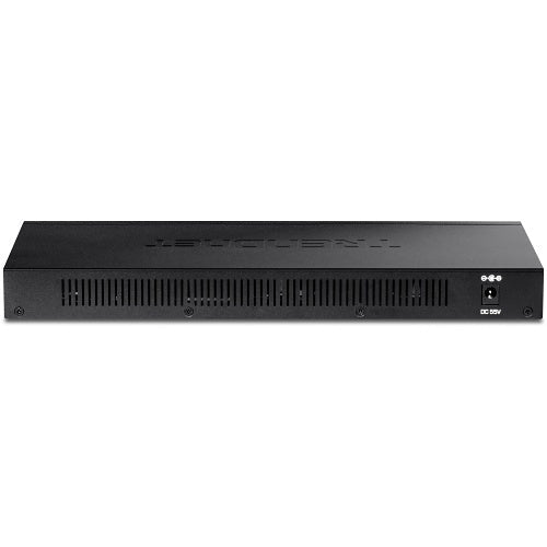 Rear panel of a black, metal networking switch sitting on a white background