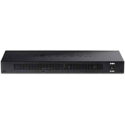 Rear panel of a black, metal networking switch sitting on a white background
