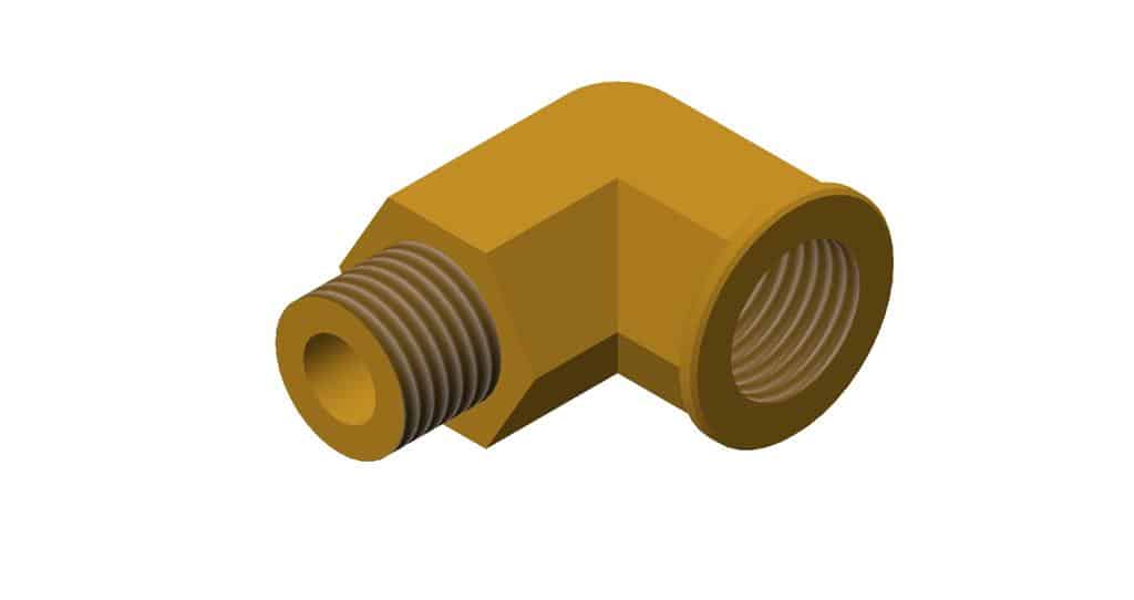3D model of a brass elbow pipe fitting on a white background