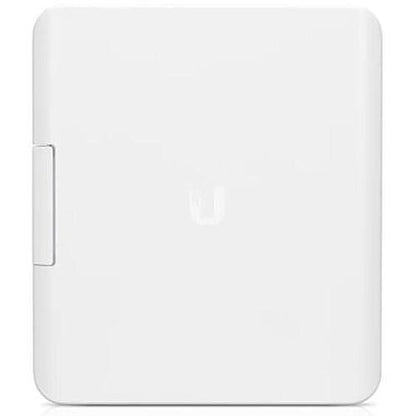 White electronic device with a logo on a white background