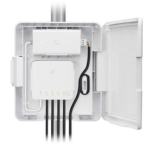 Electrical junction box with wires and connectors on a white background