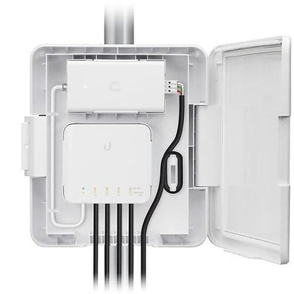 Electrical junction box with wires and connectors on a white background