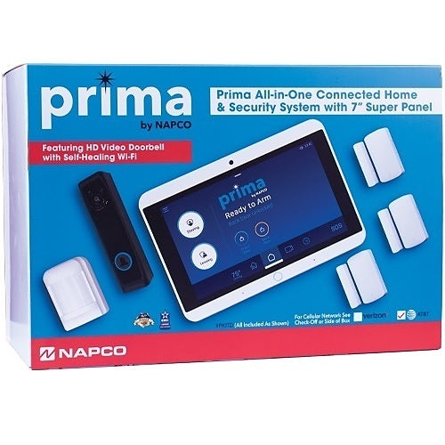 Prima by Napco home security system packaging with tablet and accessories on a blue and red background