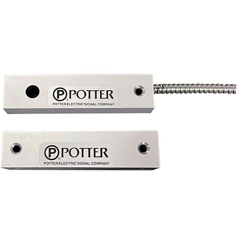 Two metallic components with 'Potter Electric Signal Company' branding on a white background