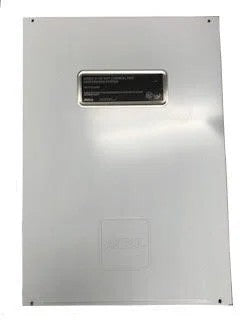 Metallic panel with a logo and text on a white background