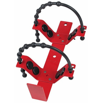 red metal fire extinguisher bracket with black plastic straps on white background 