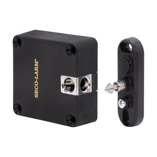 A black Seco-Larm door stopper shown in two pieces on a white background, with one piece displaying the gold brand name and the other showing the mounting pin and base.