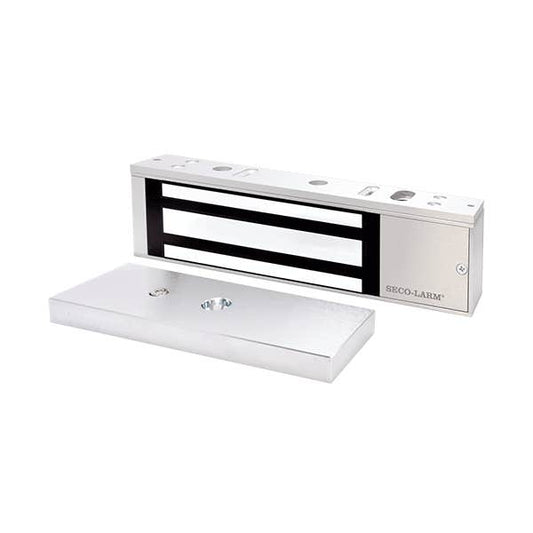 A Seco-Larm ceiling fire alarm pull station with its cover removed, showing the silver metal components and black horizontal bars on a white background.
