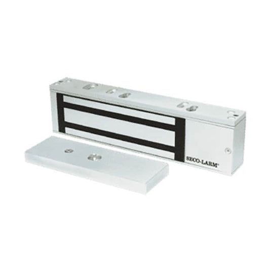 A silver aluminum SECO-LARM electronic lockout relay module with black internal switches, shown alongside its separate mounting base plate on a white background.