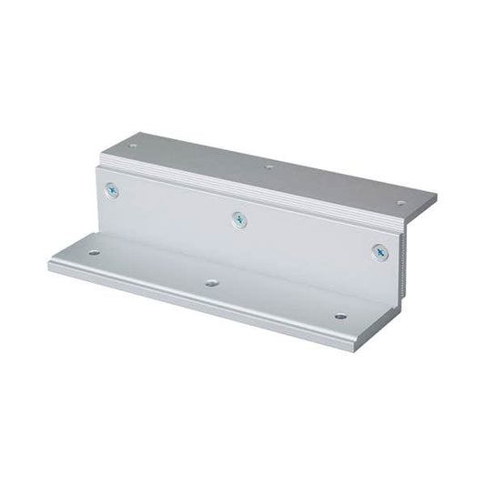 An aluminum angle bracket hardware piece with pre-drilled holes and mounting screws, shown on a plain white background.