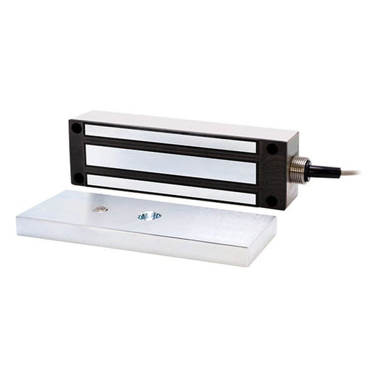 A linear motion limit switch with a black and silver metal housing, shown alongside its mounting base plate on a clean white background.