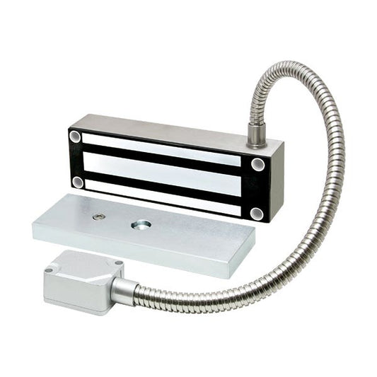 A stainless steel linear magnetic valve or solenoid assembly with a flexible metal hose, shown on a plain white background.