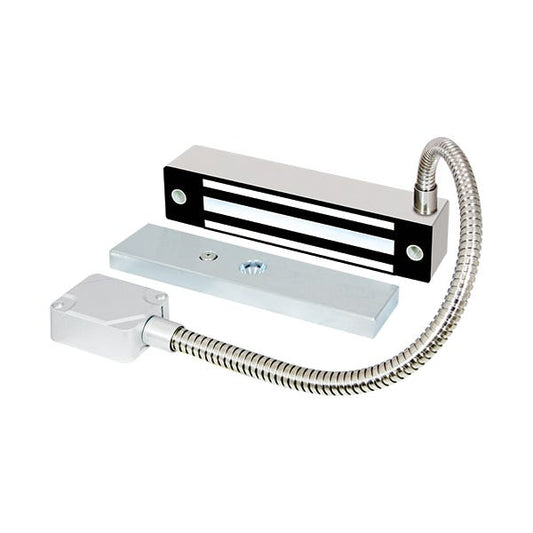 A stainless steel magnetic door stopper set with a rectangular magnet, a metal guide bar, and a coiled metal hose, shown on a plain white background.