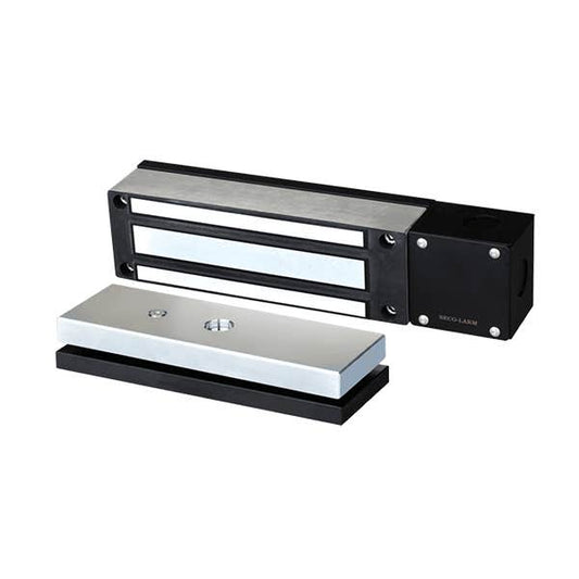 A pair of electronic magnetic door stoppers, one shown closed and one open, featuring a black and brushed silver metal design on a plain white background.
