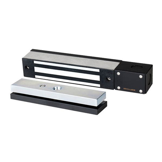 Two rectangular metal components, likely magnetic switches or sensors, shown on a plain white background. One is positioned above the other at an angle, displaying both sides: one with a silver top and black base, and the other with a black top and silver base.