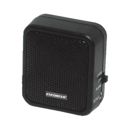 A small black ENFORCER portable speaker with a textured front grille and side switch, shown on a plain white background.