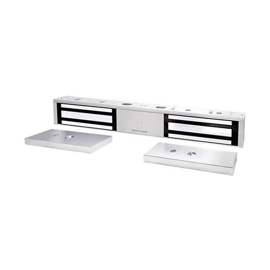 A silver metal automatic pedestrian signalizer with black horizontal bars, shown alongside two matching rectangular mounting plates on a plain white background.