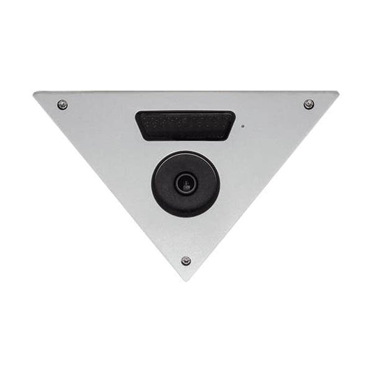 A triangular silver metal security camera mount with a black central lens cover and a black mounting slot, shown against a plain white background.