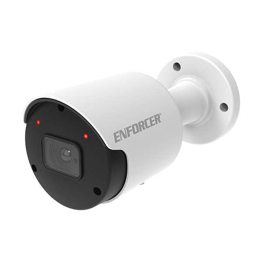 A white and black ENFORCER security camera with a cylindrical body, a black front lens housing with two red indicator lights, and a white mounting bracket, shown on a solid white background.