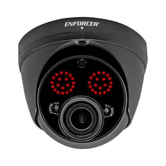 Black dome security camera with red LED infrared lights and the brand name ENFORCER on the front, isolated on a white background.
