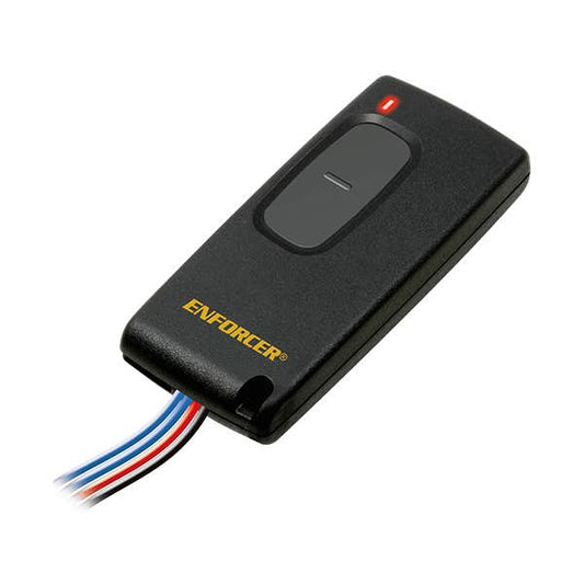Black Enforcer wireless alarm transmitter with a red power button and a multi-colored wire connector, shown on a white background.