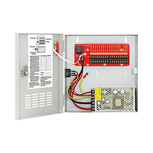 An open industrial electrical control panel box showing internal components, including a red terminal strip, wiring harnesses with red, yellow, black, and white wires, and a metal power supply unit, set against a plain white background.