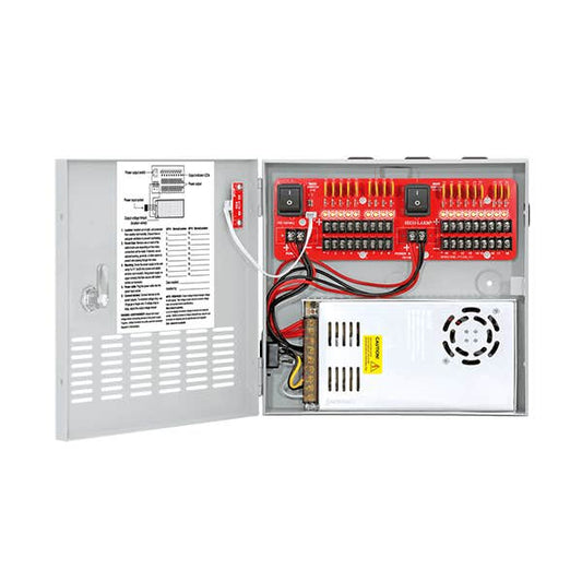An open silver metal electrical control panel showing internal components, including a red terminal block, black switches, wiring, and a white power supply module, on a plain white background.