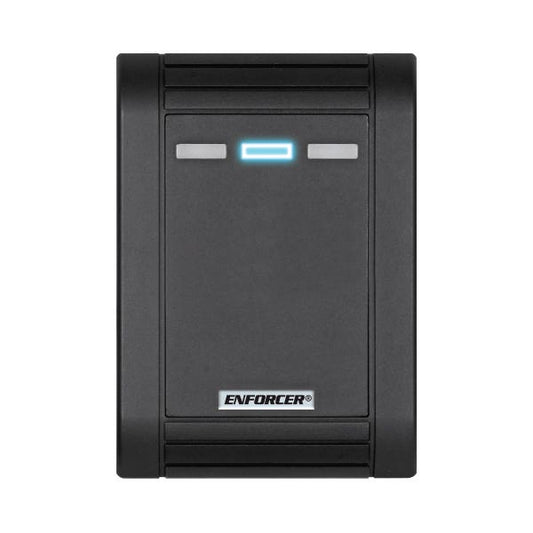 A black electronic access control reader or badge scanner device with a blue illuminated indicator light and a silver ENFORCER logo badge on the front, set against a plain white background.
