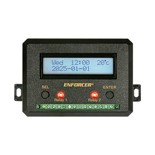 An ENFORCER digital timer relay control unit with an LCD display, two red indicator lights, and terminal blocks at the bottom, shown on a plain white background.