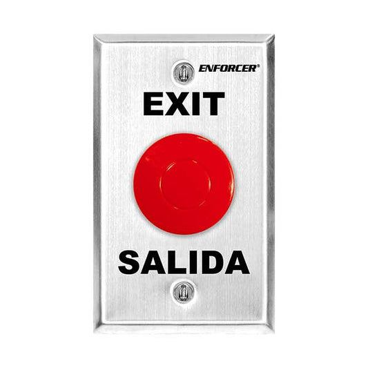 ENFORCER exit push button with a red circular button and black text reading 'EXIT' and 'SALIDA' on a brushed metal panel.