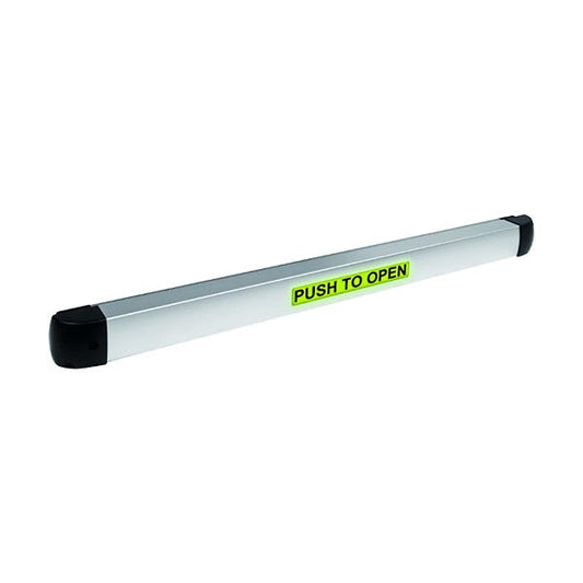 A silver aluminum security bar with black end caps and a bright yellow-green label that reads 'PUSH TO OPEN'.